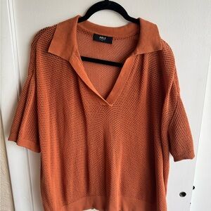 ABLE Open-Knit V-Neck Polo Sweater in Terra Cotta